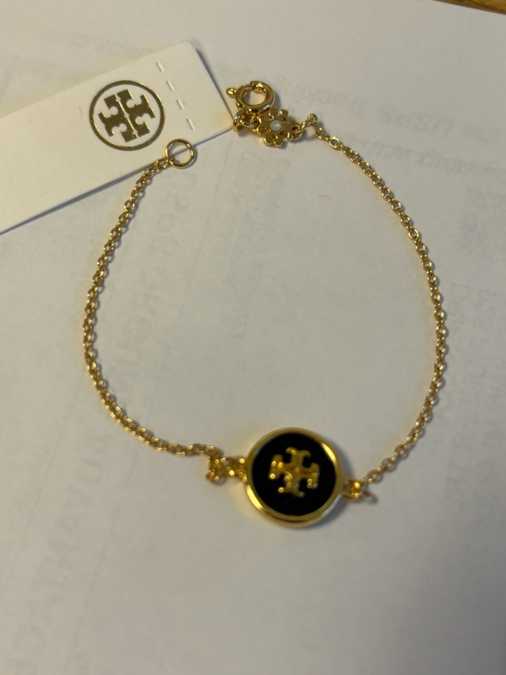 Tory Burch Gold Chain Bracelet with Black Logo Disc, BNWT